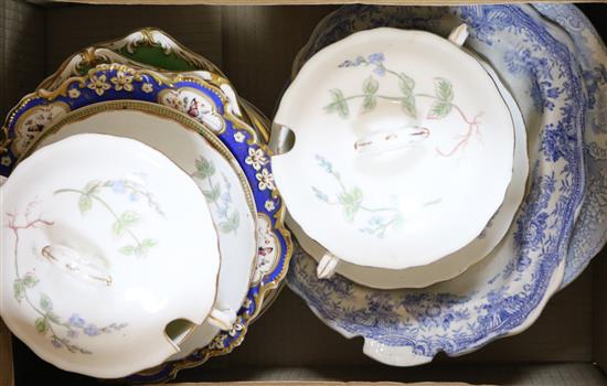 A quantity of Victorian dessert dishes, pair of tureens and stands and a quantity of blue and white pottery